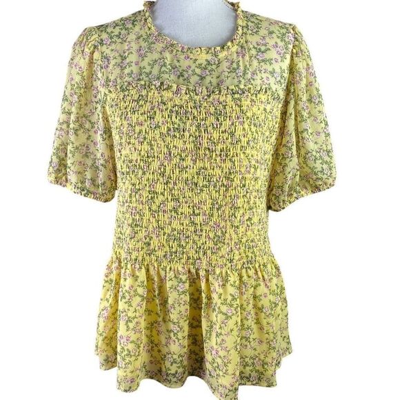 Torrid Yellow Floral Chiffon Ruffle Mock Neck Smocked Crop Top Sz 1 - Picture 1 of 7